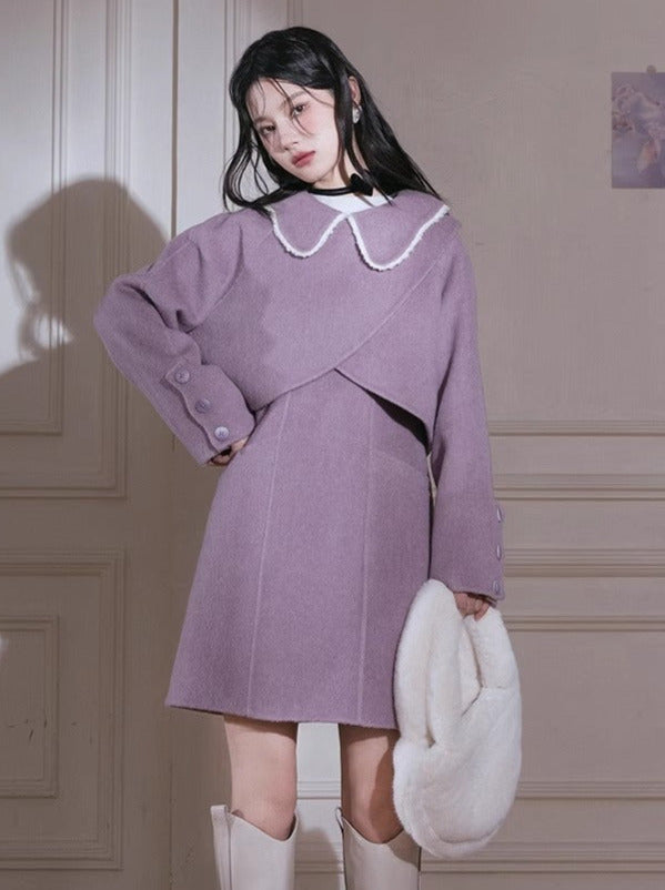 Romantic Star Dew Purple Wool Rabbit Fur Short Jacket + Dress [Reservation Product]