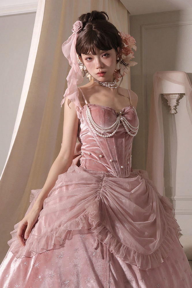 [Reservierungsschluss 1. Juni] Dunkelblau/rosa Atlantis Dark-Fantasy-Lolita-Sternenperlen-Bustierkorsett + prächtiger Rüschen-Meerjungfrauenrock