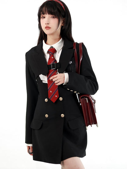 American High School Jacket Suspender Skirt + Cross Off-Shoulder Knit & Skirt