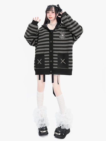 Striped Hooded Over Cat Cardigan