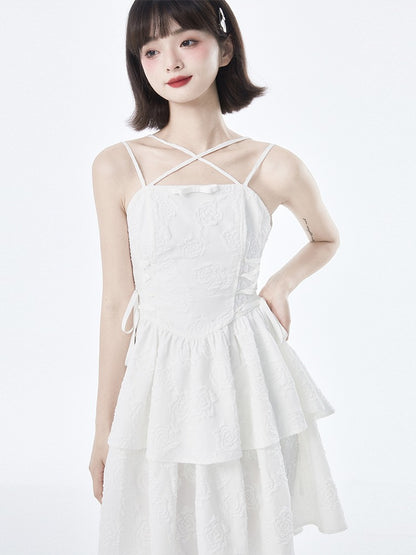 Rose Texture White Cross Suspender Tea Dress