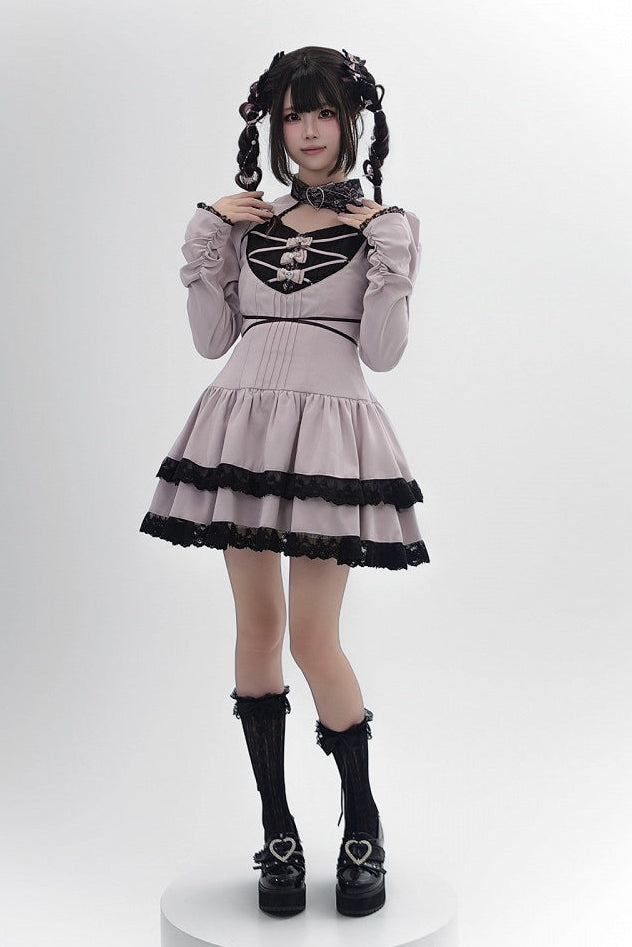 [Reservierungsschluss 28. September] Pink x Schwarz/Grau x Schwarz Gothic-Kleid mit herzförmigem Ausschnitt, Gürtelkragen, Spitzenbesatz und Schleifendetail