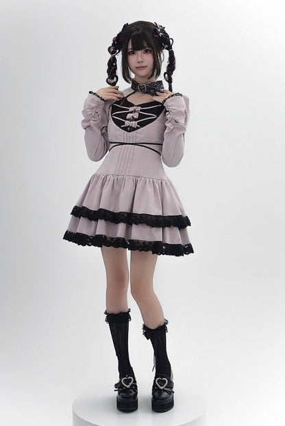 [Reservierungsschluss 28. September] Pink x Schwarz/Grau x Schwarz Gothic-Kleid mit herzförmigem Ausschnitt, Gürtelkragen, Spitzenbesatz und Schleifendetail
