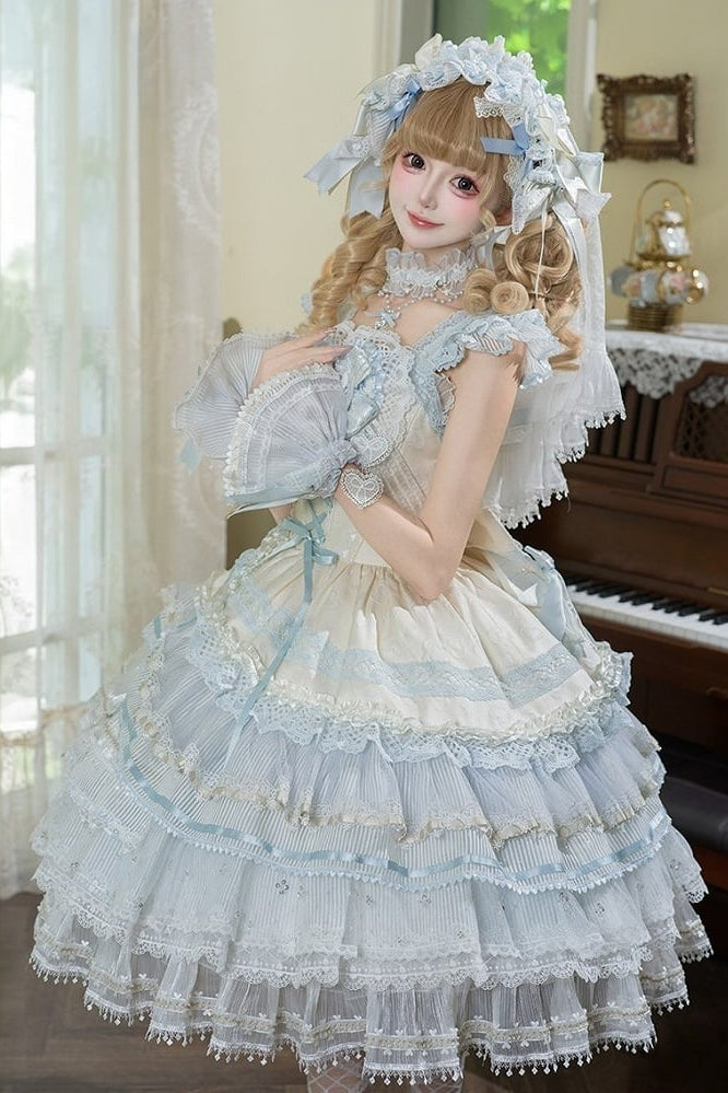 [Reservierungsschluss 1. August] Blau-weißes Sweet-Lolita-Stufenkleid-Set mit Blumenmuster
