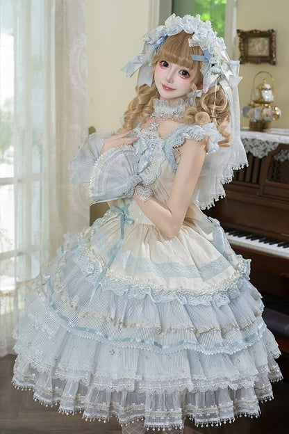 [Reservierungsschluss 1. August] Blau-weißes Sweet-Lolita-Stufenkleid-Set mit Blumenmuster