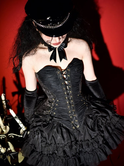【1月29日予約締切】ゴシックレースアップコルセットビスチェトップス＋ドロストフリルスカート＋バタフライストラップ