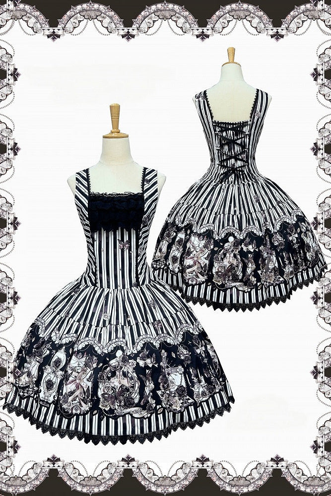 【10月3日予約締切】Black White Striped Gothic Rose Print JKS Dress(Short/Long)+ Low-Waist Square Neck Lace-Up JKS Dress