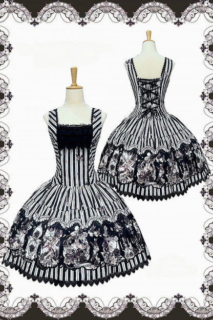 【10月3日予約締切】Black White Striped Gothic Rose Print JKS Dress(Short/Long)+ Low-Waist Square Neck Lace-Up JKS Dress