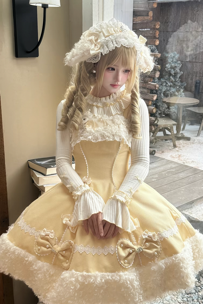 [Pre-order Deadline: November 7] Yellow/Pink Sweet Lolita Lace Ribbon Fluffy Hem JSK Dress + Fur-Trimmed Sheep-Ear Hooded Cape + Ruffle-Neck Ribbed Bell-Sleeve Top Set 1/2 + Full Set