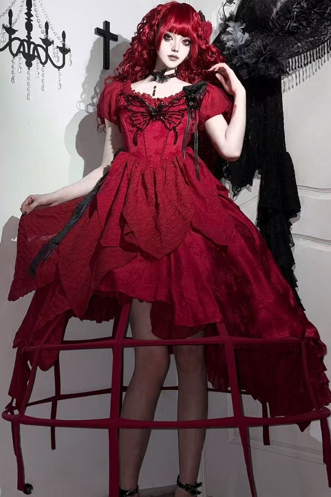 【10月28日予約締切】Red Butterfly Gothic Lolita Puff Sleeve Dress Top + Layered Ruffle Asymmetrical Hem Skirt Set (With Chest Brooch + Waist Brooch)