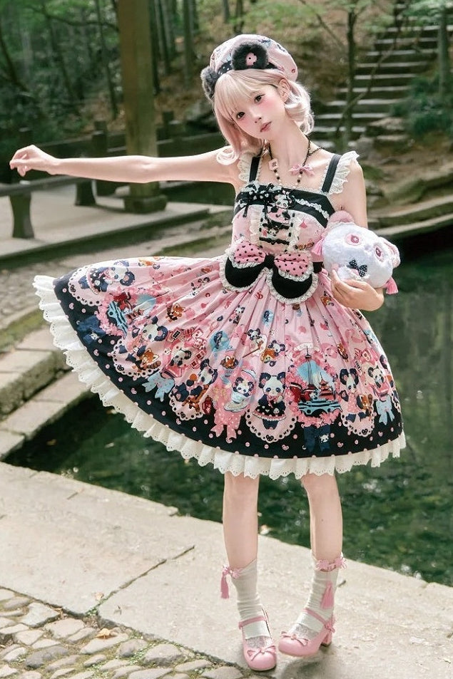 [Pre-order Deadline: October 25] Pink/Green Chinoiserie Lolita Sweet Panda Ear Bow High-Waist Tiered JSK Dress + Bow-Waist Panda Print Dress