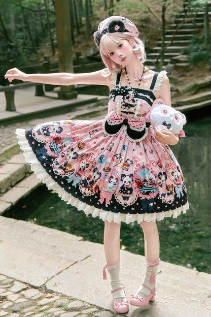 [Pre-order Deadline: October 25] Pink/Green Chinoiserie Lolita Sweet Panda Ear Bow High-Waist Tiered JSK Dress + Bow-Waist Panda Print Dress