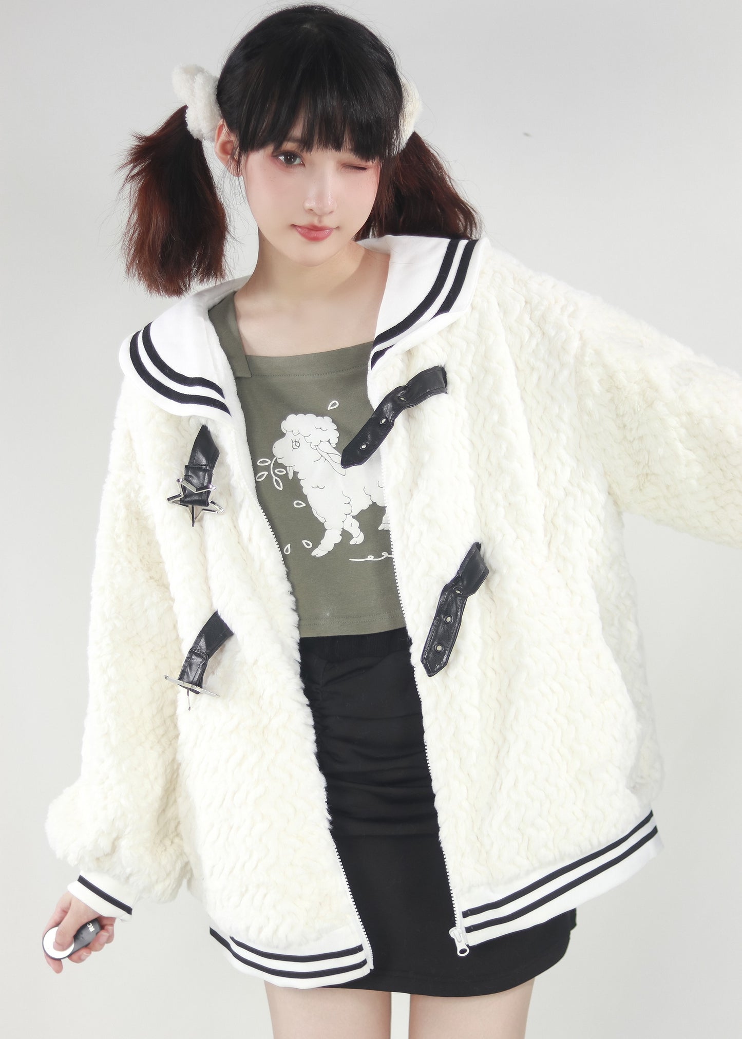 Bunny ears hoodie & sailor faux fur coat + off the shoulder sheep print top + skirt