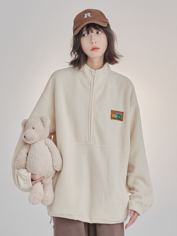 Zip Stand Collar Oversized Loose Fleece Pullover