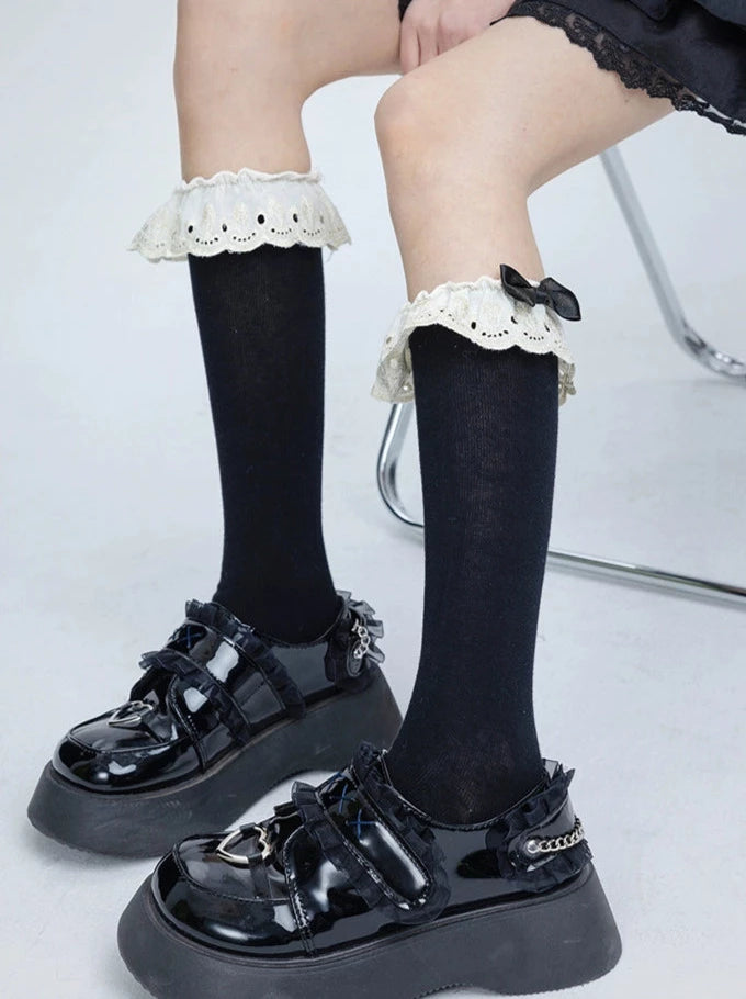 Salted fish wardrobe lace vintage black socks women's spring and autumn sweet college style stockings student calf socks