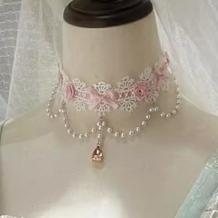 Pink Green Ballet Style Lolita Dress + Tulle Veil Ribbon + Choker