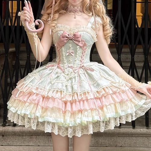Pink Green Ballet Style Lolita Dress + Tulle Veil Ribbon + Choker