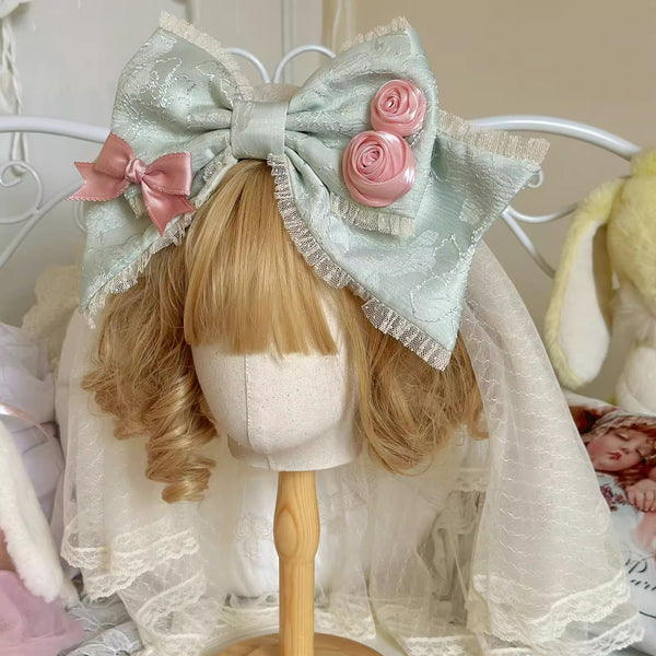 Pink Green Ballet Style Lolita Dress + Tulle Veil Ribbon + Choker