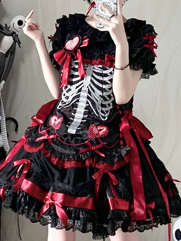 【11月4日予約締切】Blue-Black/Red-Black/Purple-Black Gothic Lolita Puff-Sleeve Lace Bow Doll Dress With Bone Embroidery Apron