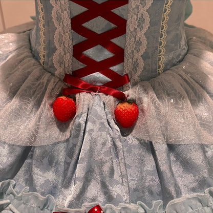 【7月10日予約締切】ミントブルー×レッドリボンアイドルロリータフリルショルダーパフスリーブトップス＋ティアードスカートドレスセットアップ（フェイクカラー付き）