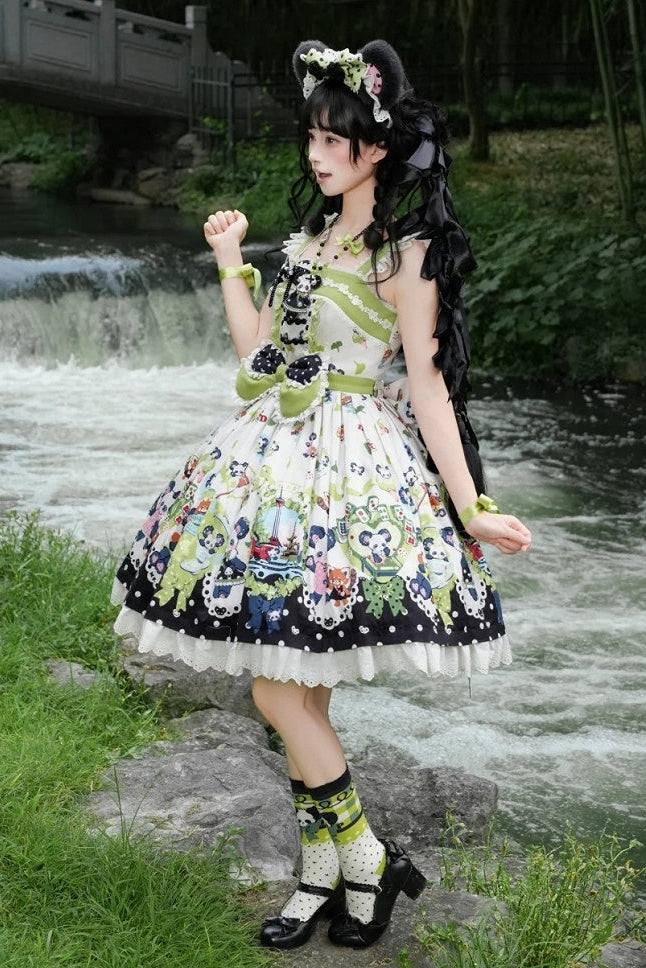 [Pre-order Deadline: October 25] Pink/Green Chinoiserie Lolita Sweet Panda Ear Bow High-Waist Tiered JSK Dress + Bow-Waist Panda Print Dress