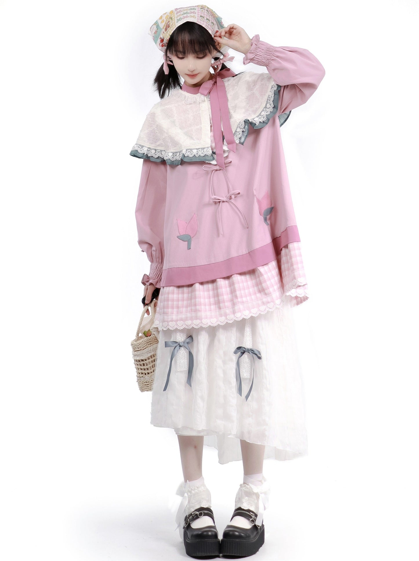 Dreamy Pink Forest Girl Layered Knit Shirt Skirt Suit