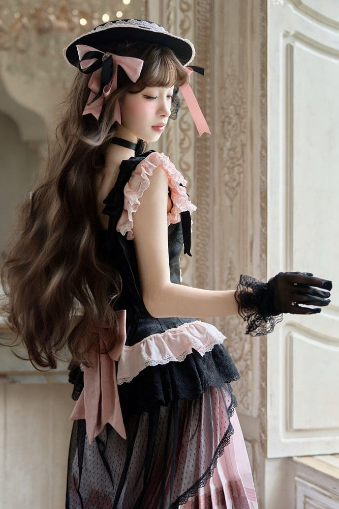 【10月10日予約締切】Black Pink Romantic Rose Castle Classic Lolita Series Accessories(Rose Ribbon Lace Hat + Ribbon Hair Clip)
