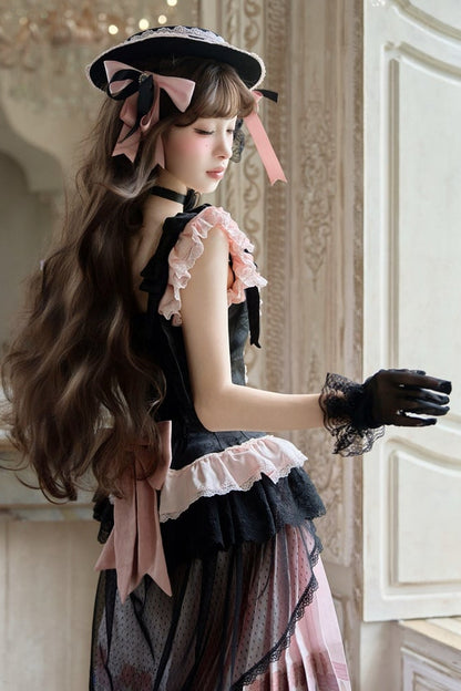 【10月10日予約締切】Black Pink Romantic Rose Castle Classic Lolita Series Accessories(Rose Ribbon Lace Hat + Ribbon Hair Clip)