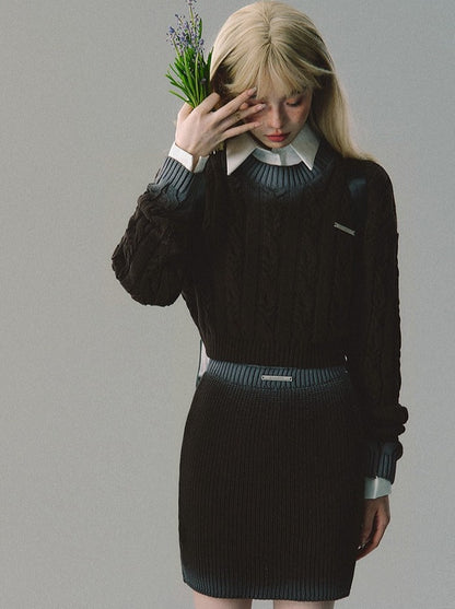 Gradient cable knit + short knit skirt + long knit skirt