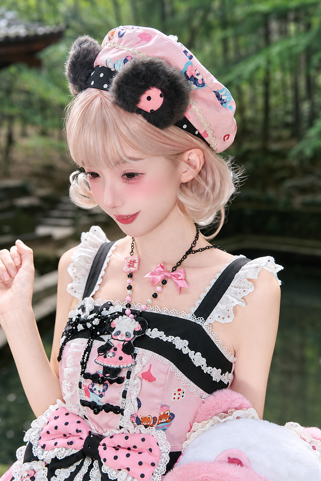 [Reservierungsschluss am 1025] Pink/Grüne Chinoiserie-Lolita-Sweet-Panda-Serie Accessoires (Teetassen-inspirierter Minihut, Pandaohren-Haube, Pandaohren-KC, Pandaohren-Barett, Haarclip, Halskette, Handtasche, Quastenbrosche, Socken)