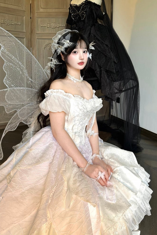 【10月28日予約締切】White Butterfly Gothic Lolita Puff Sleeve Dress Top + Layered Ruffle Asymmetrical Hem Skirt Set (With Chest Brooch + Waist Brooch)