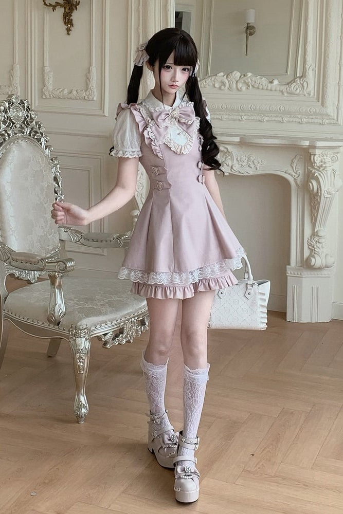 【7月15日予約締切】ピンクホワイトスイートリボンレースフリルパフスリーブドレス＋ショートパンツセットアップ