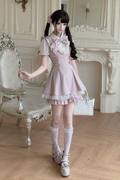 【7月15日予約締切】ピンクホワイトスイートリボンレースフリルパフスリーブドレス＋ショートパンツセットアップ