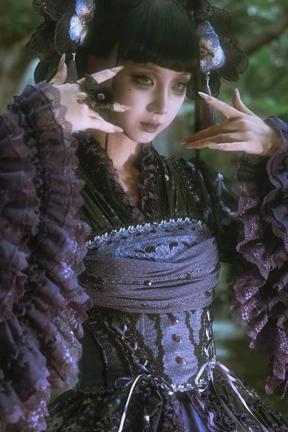【9月13日予約締切】Purple/Dark Purple Gothic Lolita Elegant Iris Dress Top & Bustier & Skirt Set 1/2+ Full Set