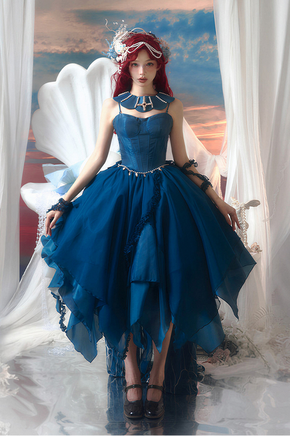[Reservierungsschluss 1. Juni] Dunkelblau/Pink/Dunkelpetrol Atlantis Dark-Fantasy-Lolita Sternen-Korsett asymmetrisches Bustier-JKS-Kleid