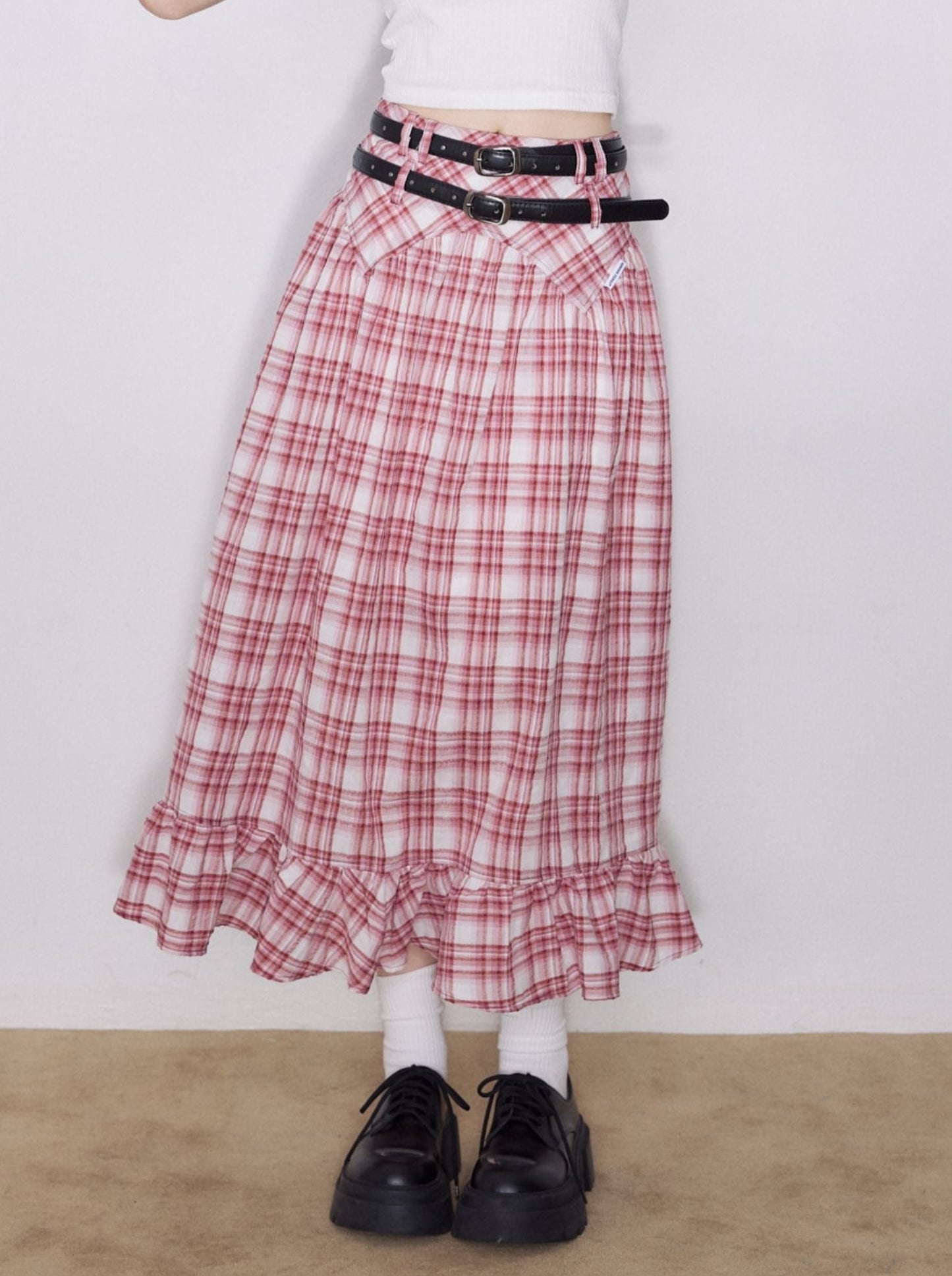 American Retro High Waist Flared Check Skirt