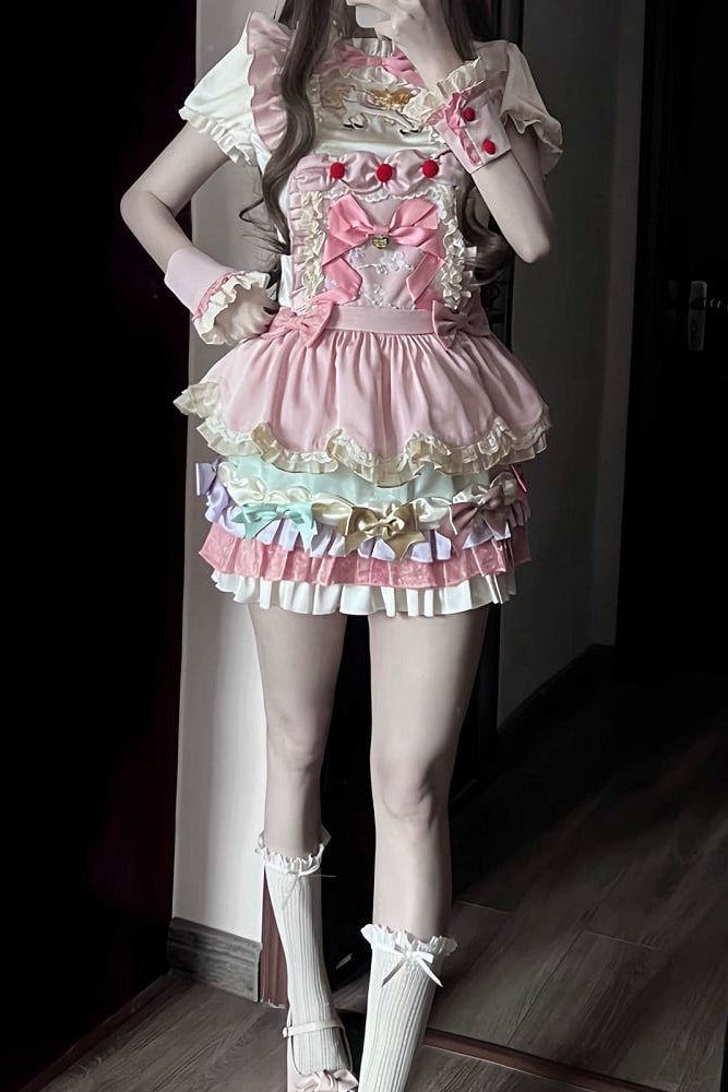 [Reservierungsschluss: 20. August] Dream-Parade Sweet-Lolita-Bluse mit Stickerei und Rüschen + gestuftes JKS-Kleidset mit Pastellschleife