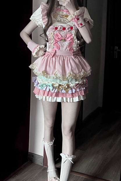 [Reservierungsschluss: 20. August] Dream-Parade Sweet-Lolita-Bluse mit Stickerei und Rüschen + gestuftes JKS-Kleidset mit Pastellschleife
