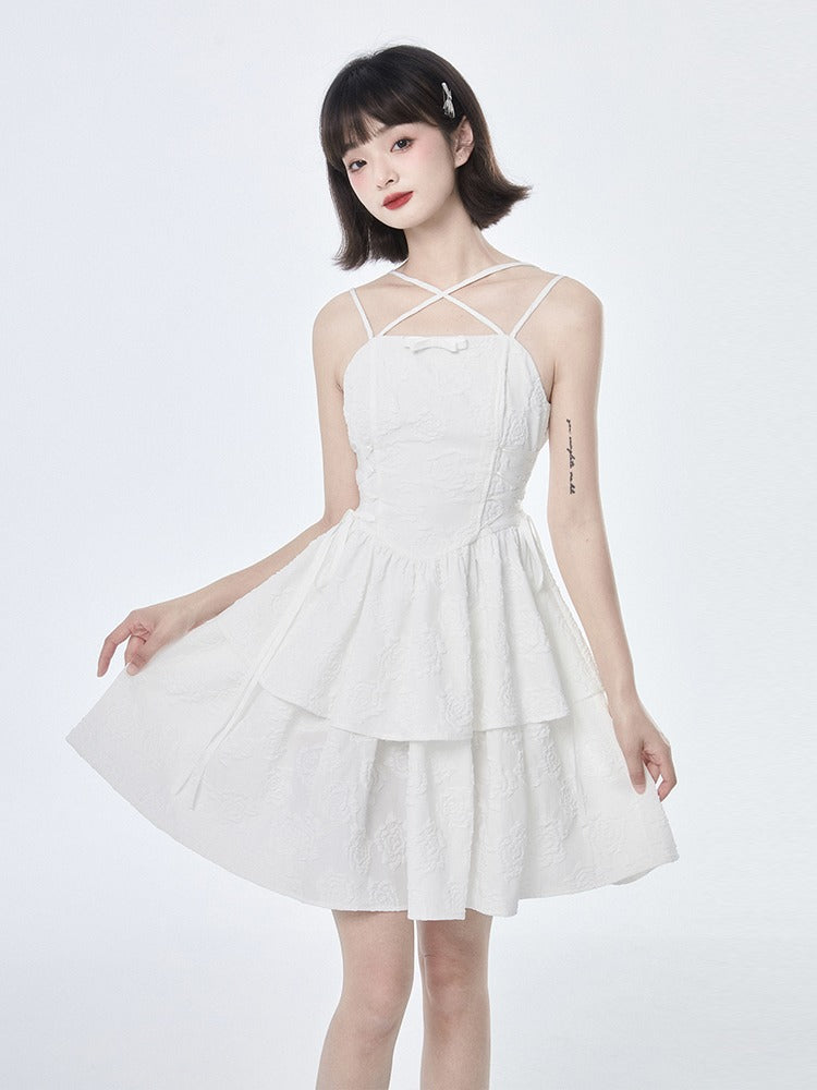 Rose Texture White Cross Suspender Tea Dress