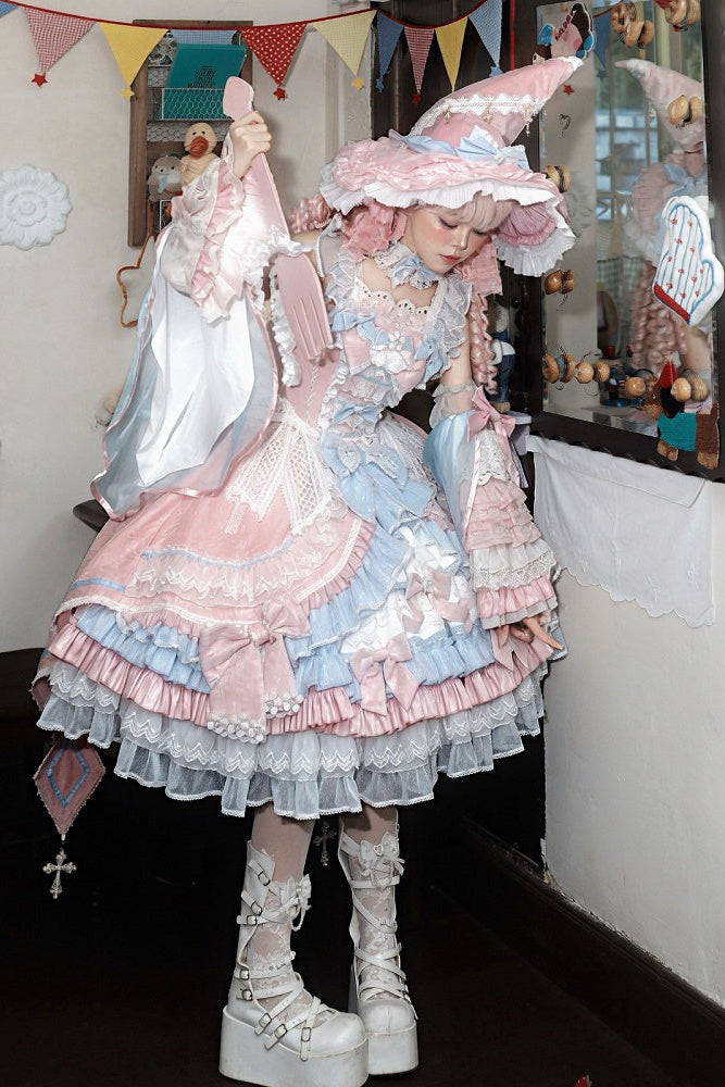 [Cierre de reserva el 14 de septiembre] Conjunto completo Fantasy Sweet Witch de vestido JSK cruzado + cola con lazo grande + capa con capucha + mangas desmontables + sombrero de bruja + mangas exteriores