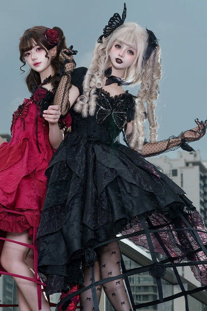 【10月28日予約締切】Black Butterfly Gothic Lolita Puff Sleeve Dress Top + Layered Ruffle Asymmetrical Hem Skirt Set (With Chest Brooch + Waist Brooch)