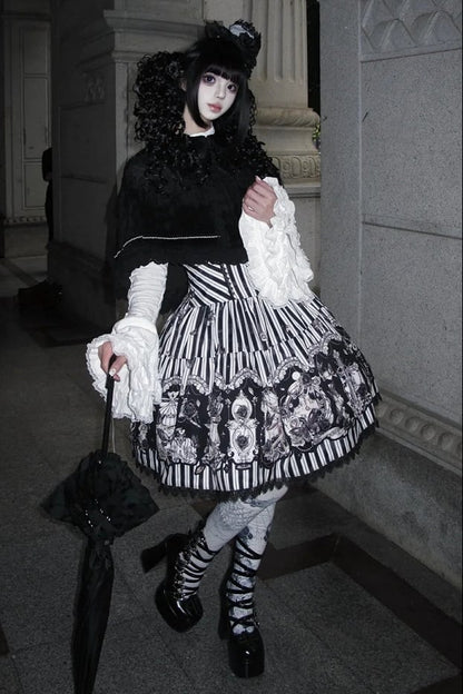 【10月3日予約締切】Black White Striped Gothic Rose Print JKS Dress(Short/Long)+ Low-Waist Square Neck Lace-Up JKS Dress