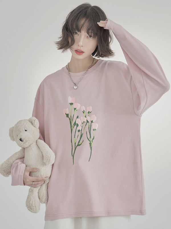 Flower Print Loose Casual Long T