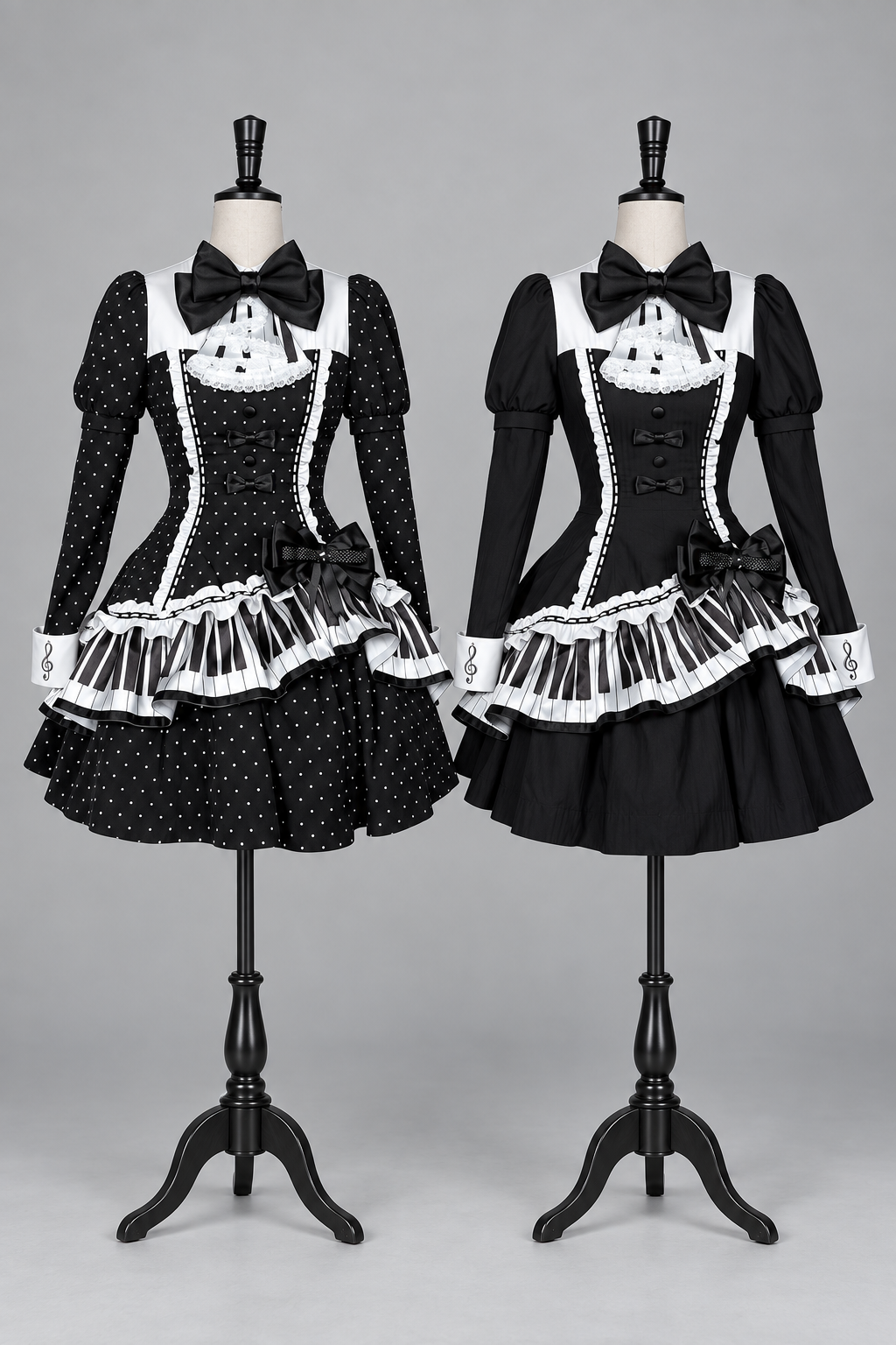 [Reservierungsschluss 22. Oktober] Schwarz gepunktetes Gothic-Lolita-Rüschenkleid mit asymmetrischem Design, Klaviertasten- und Musiknotenmotiv sowie Klaviertasten-Spitzenfliege
