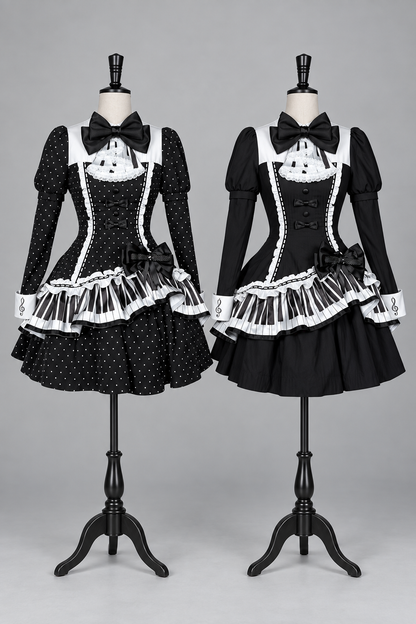 [Reservierungsschluss 22. Oktober] Schwarz gepunktetes Gothic-Lolita-Rüschenkleid mit asymmetrischem Design, Klaviertasten- und Musiknotenmotiv sowie Klaviertasten-Spitzenfliege