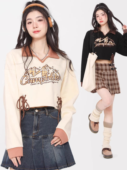 AONW American retro snow mountain print contrast color lapel short strappy sweet and spicy top women's spring niche sweater