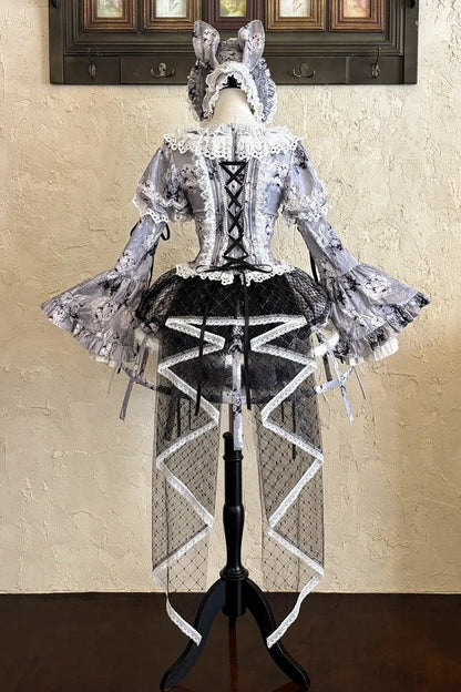 [Reservierungsschluss: 10. Monat, 6. Tag] Black Castle Bunny-Gothic-Doll-Spitzen-Korsett-Top mit Puffärmeln + Shorts + Rüschen-Überrock + Birdcage-Überrock Set 1/2/3