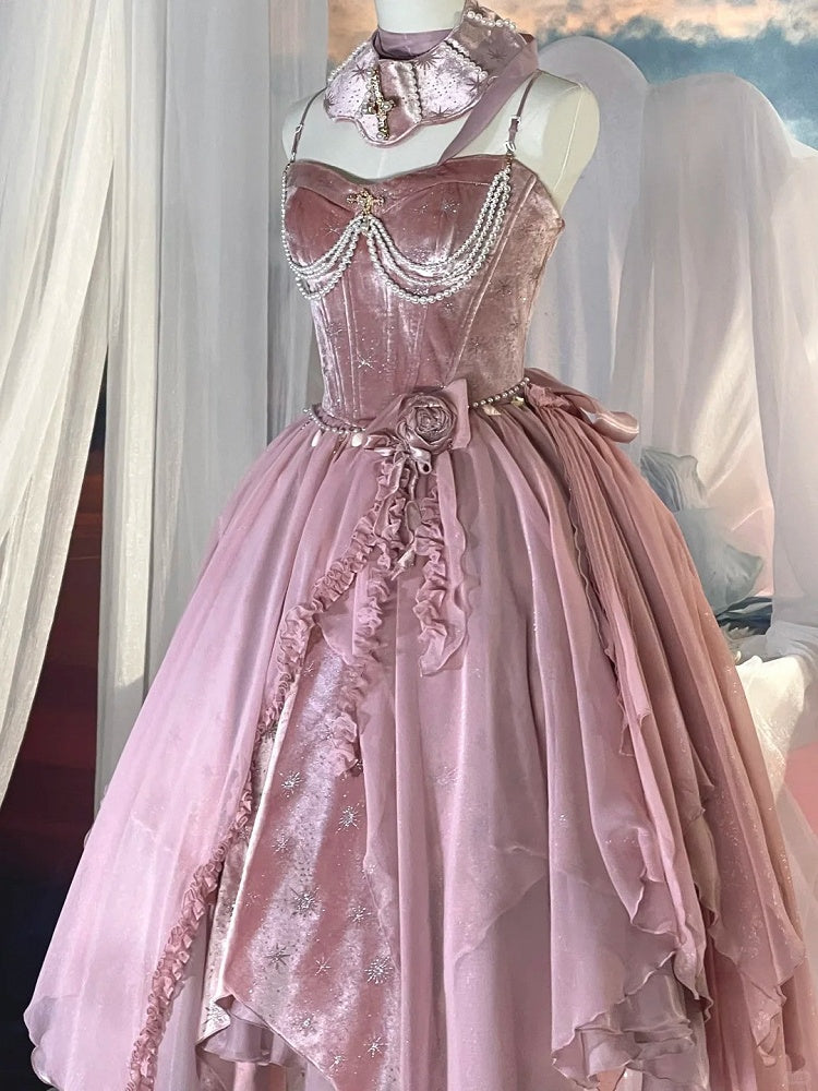 [Reservierungsschluss 1. Juni] Dunkelblau/Pink/Dunkelpetrol Atlantis Dark-Fantasy-Lolita Sternen-Korsett asymmetrisches Bustier-JKS-Kleid