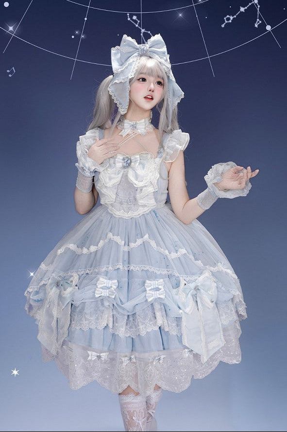 [Clôture des précommandes le 923] Robe JSK classique lolita bleu clair/bleu foncé à broderies d’étoiles célestes, rubans et jupe à volants asymétrique