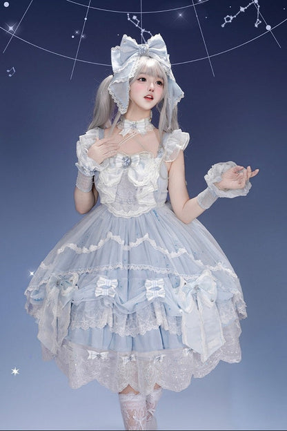 [Clôture des précommandes le 923] Robe JSK classique lolita bleu clair/bleu foncé à broderies d’étoiles célestes, rubans et jupe à volants asymétrique
